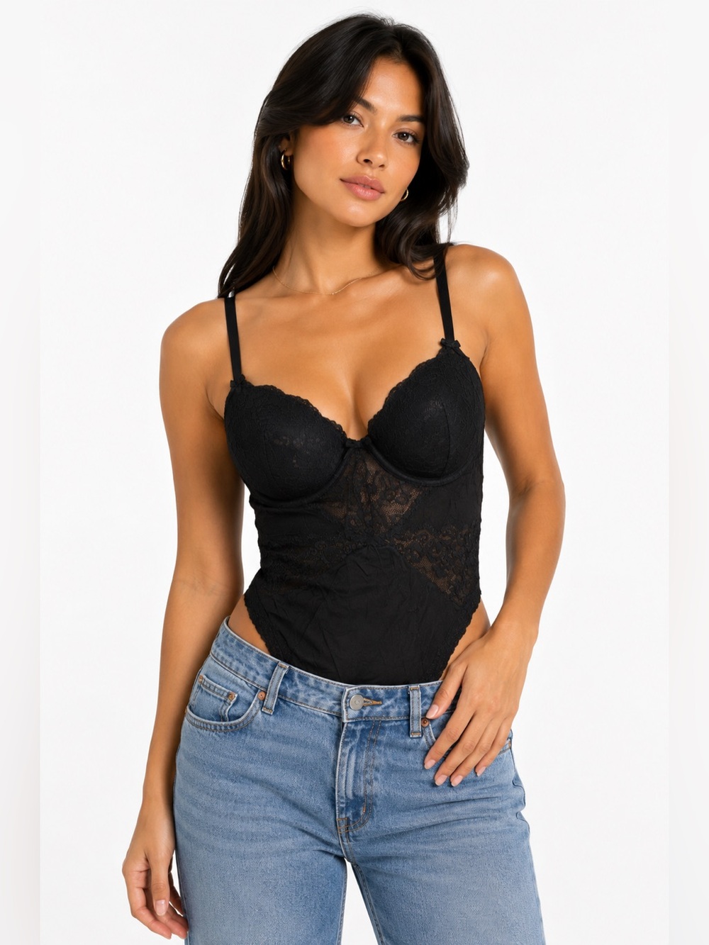 90s European Vintage Silky Lace Panel Push-Up Bodysuit Corset (Black) Size S/M